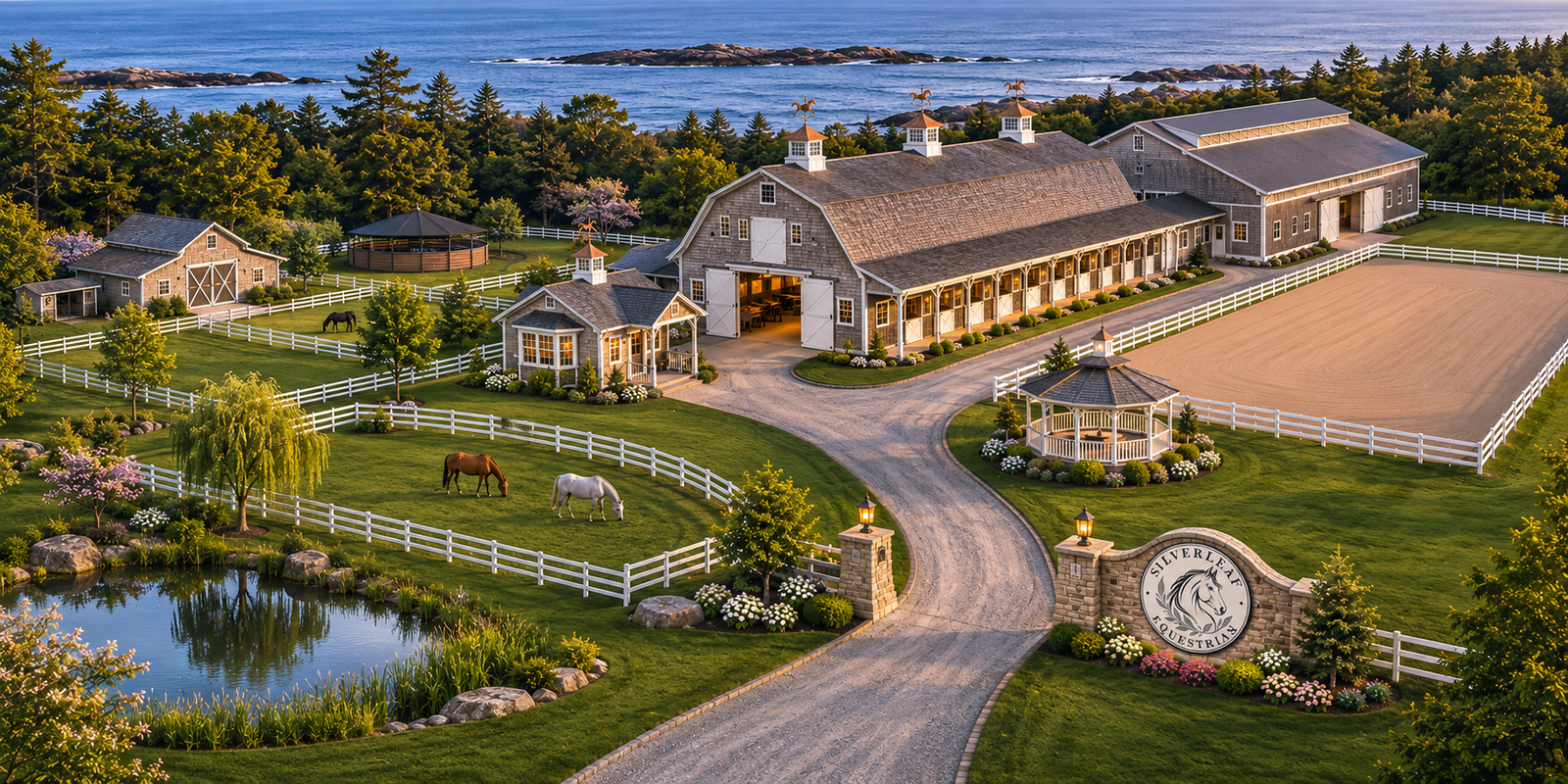 Aerial view of the Silverleaf property: the main barn, indoor arena, outdoor dressage arena, and paddocks above the rocky coast