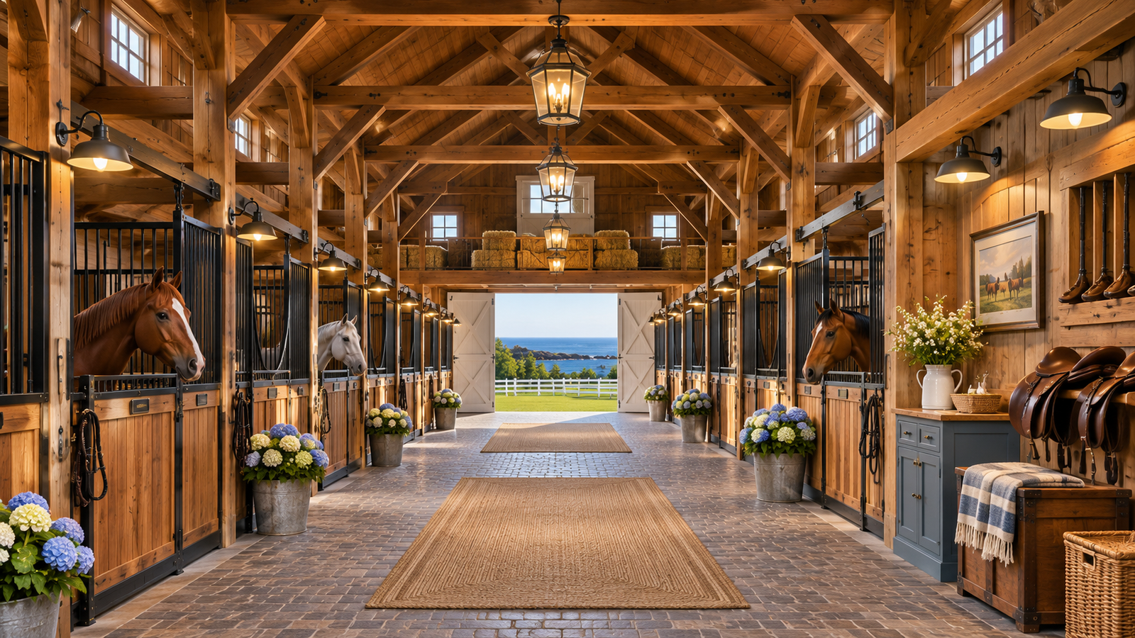 The main barn aisle, with horses looking out of their stalls and the ocean through the far doors